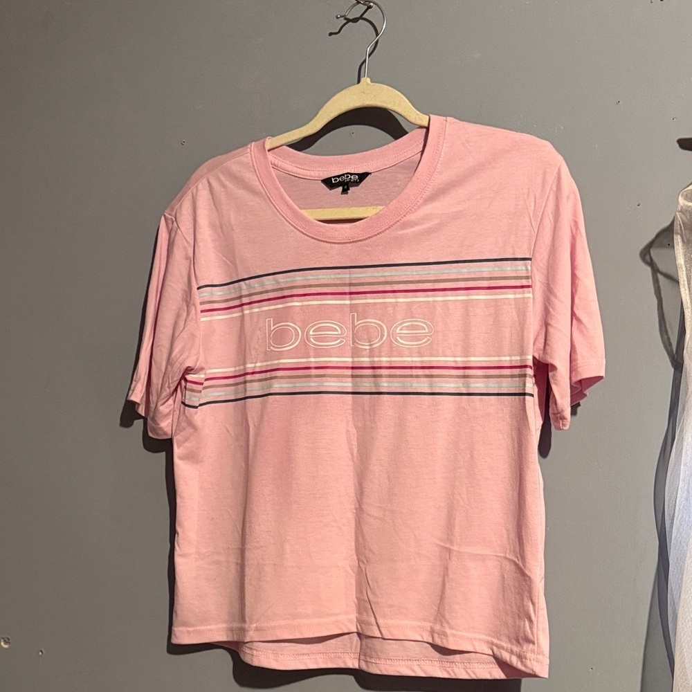 Bebe Pink Tee with Stripes, size medium: brand new